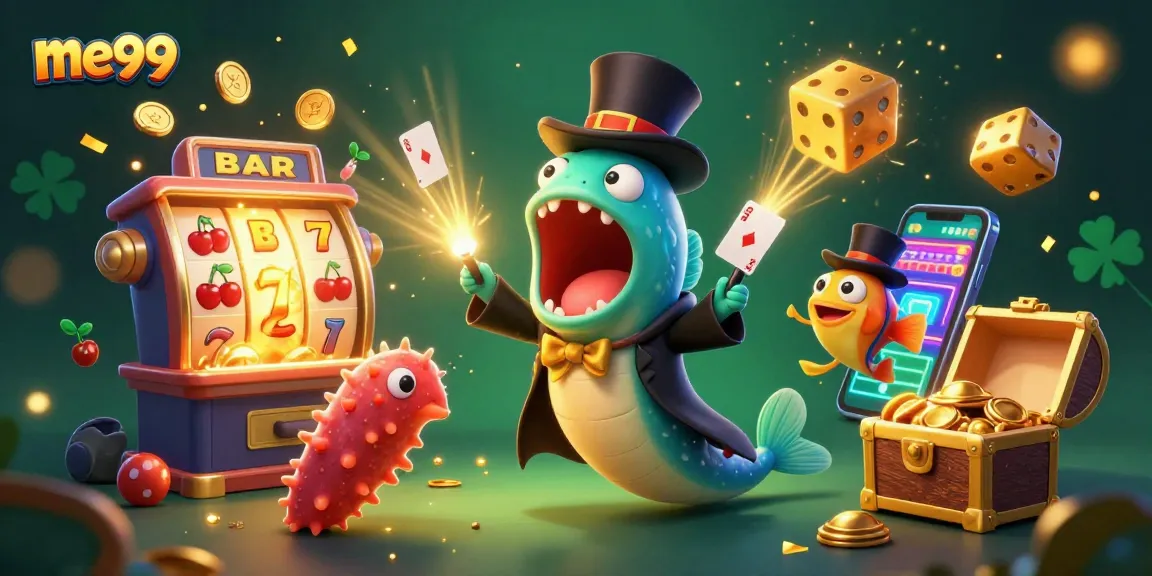 Experience exciting casino magic at me99 with animated 3D sea creatures and slot machine fun.