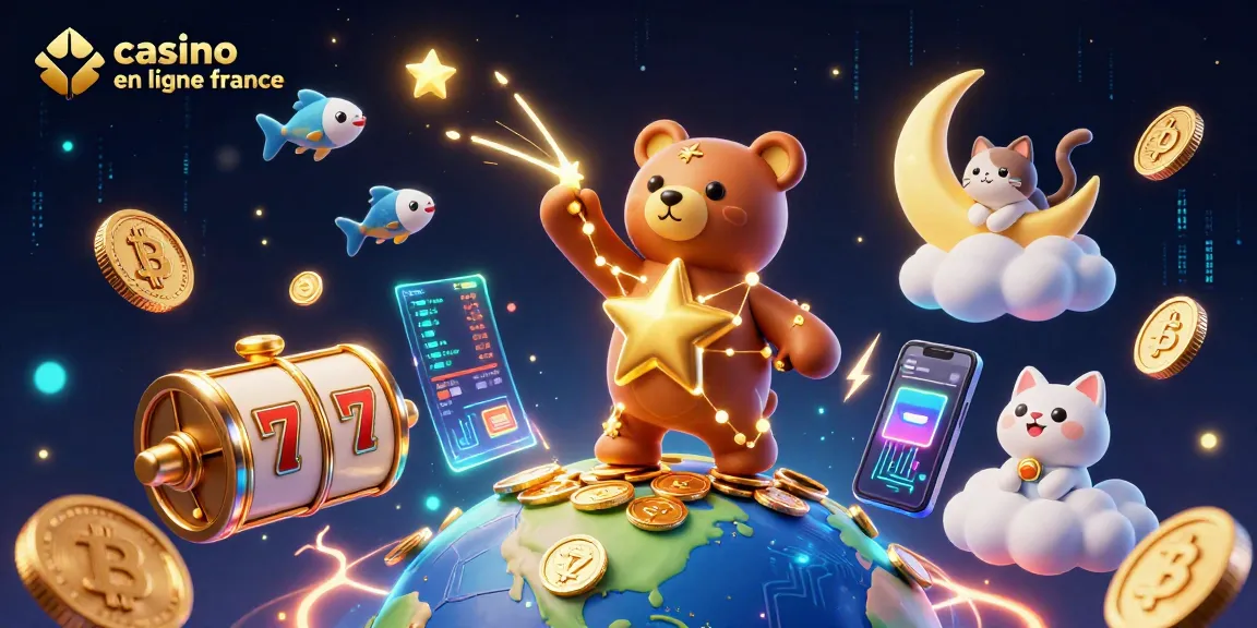 Visualisez l'univers du casino en ligne France avec une scène riche d'illustrations 3D de jeux et de cryptomonnaies.
