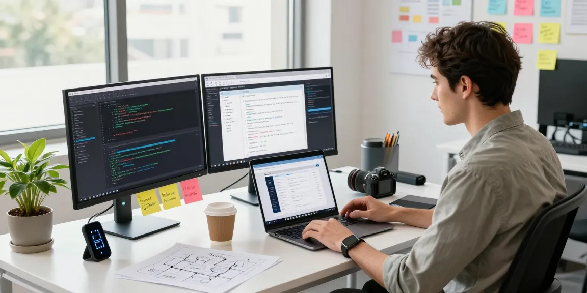 Build internal tools with AI in a vibrant workspace, showcasing a focused developer at a modern desk with multiple screens and project notes.