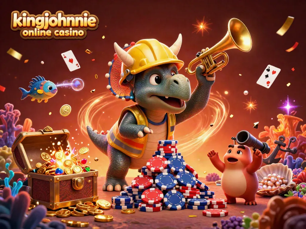 Engage with the vibrant world of kingjohnnie online casino, depicted through lively 3D characters celebrating with games and treasures.