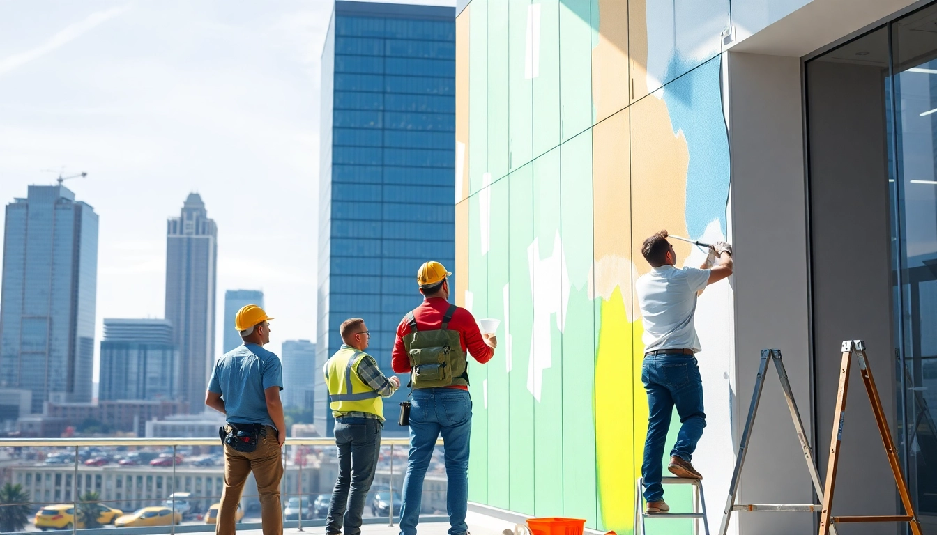 Elevated view of professionals applying commercial paint services to an office building, highlighting vibrant colors.