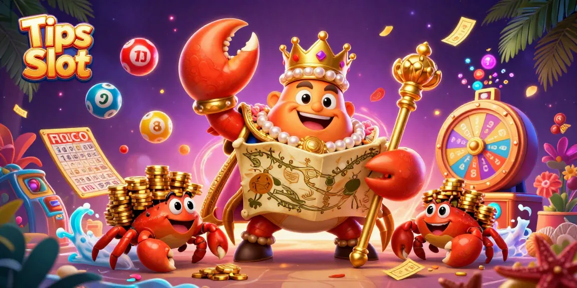 Immerse yourself in Tips Slot with a grand golden crab emperor, dynamic lottery balls, and vibrant casino elements.