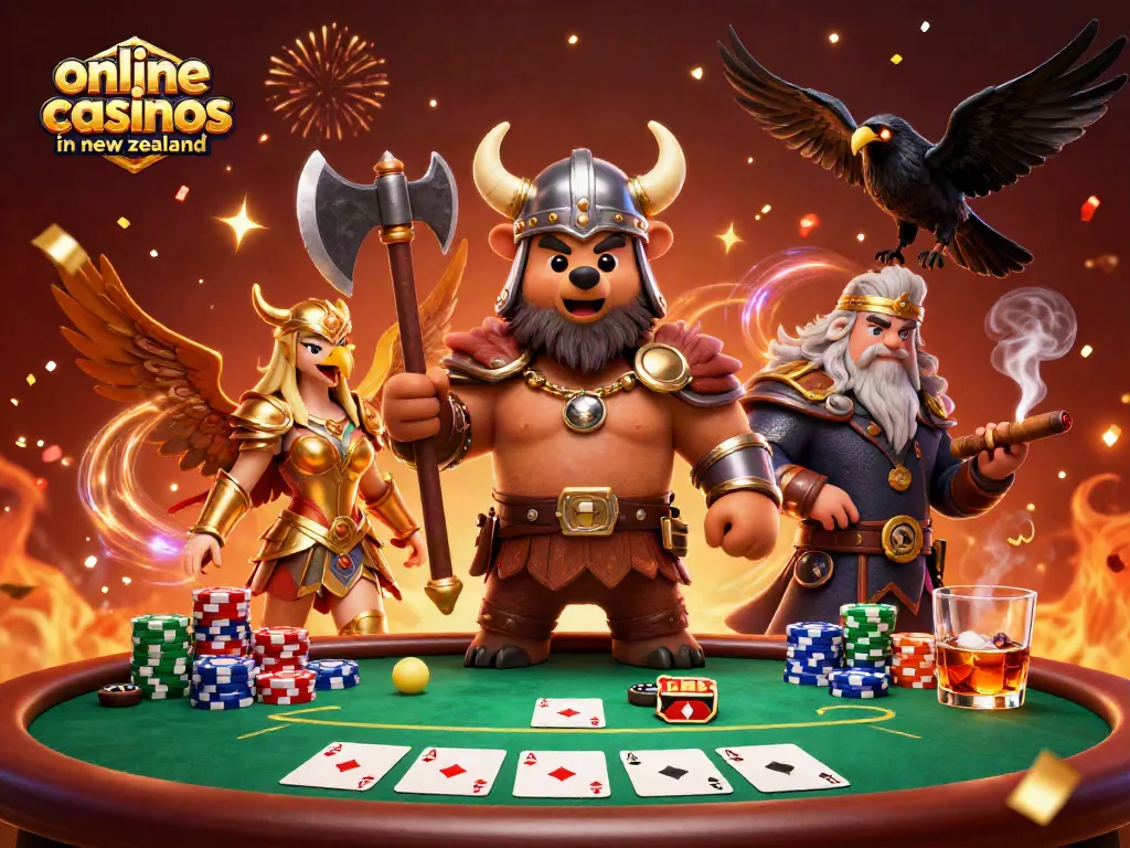Play at online casinos in New Zealand with vibrant 3D characters and casino elements.