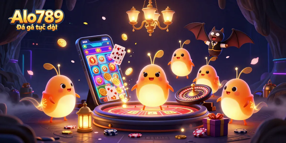 Alo789 Đá gà trực tiếp vibrant 3D casino illustration showcasing glowing glowworms and a bat dealer amidst captivating gaming elements.