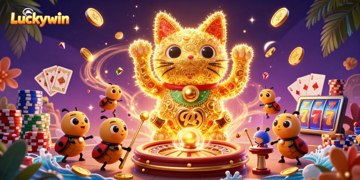 Experience Luckywin's vibrant casino magic with golden fireflies and dynamic game elements.