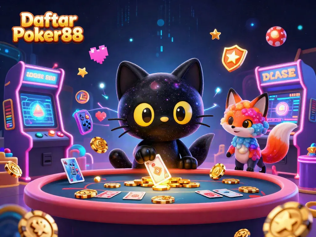 Engage with Daftar Poker88 in a vibrant cosmic casino scene featuring a black hole cat and nebula fox.