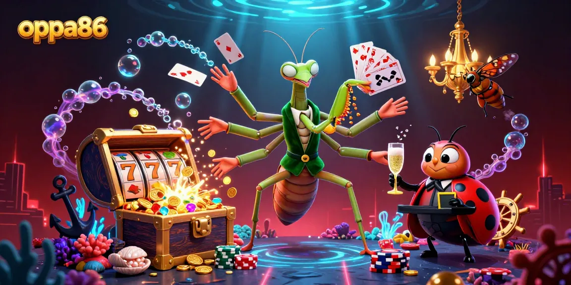 Experience the excitement of oppa86 as the giant praying mantis deals cards, surrounded by vibrant casino elements.