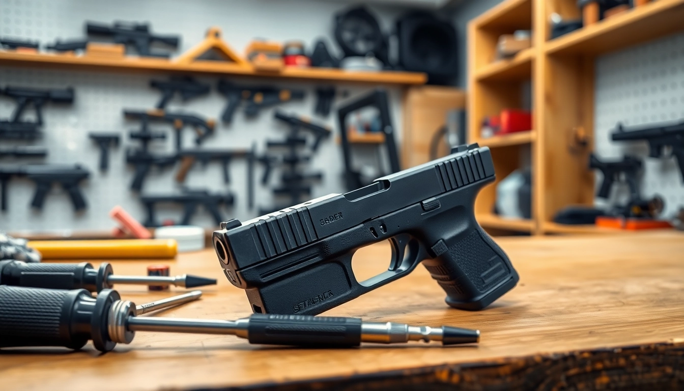 Explore a detailed Glock 17 slide showcasing its quality and design elements in a workshop setting.