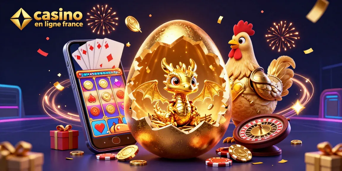 Illustration dynamique de casino en ligne France avec dragon doré, jetons et jeux colorés.