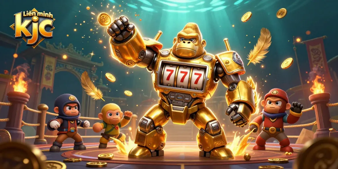 Experience thrilling wins with Liên minh kjc in this action-packed 3D illustration showcasing a golden gorilla mech.