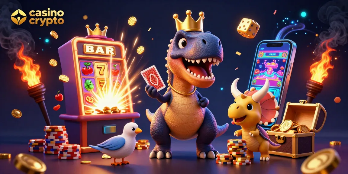 Illustration d'un casino crypto avec un T-Rex jouant aux cartes, un ptérodactyle et un tricératops, entourés de jeux.