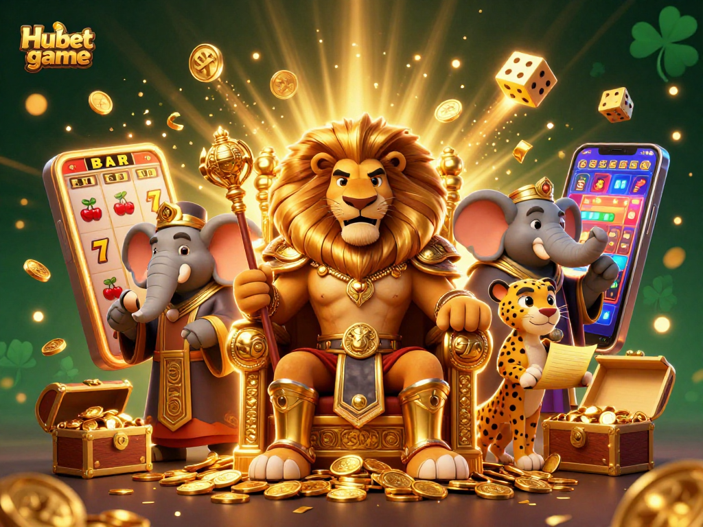 Experience thrilling action at Hubet game featuring a lion king, elephant advisor, and cheetah messenger in a dynamic casino scene.
