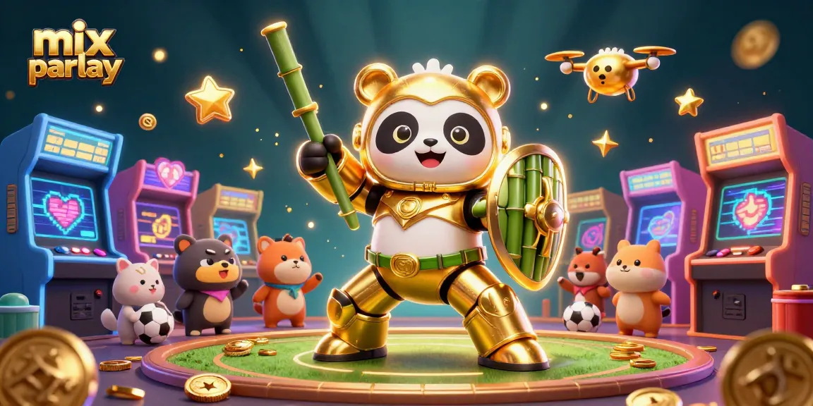 Experience exciting mix parlay betting with a 3D golden panda in a vibrant sports arena.