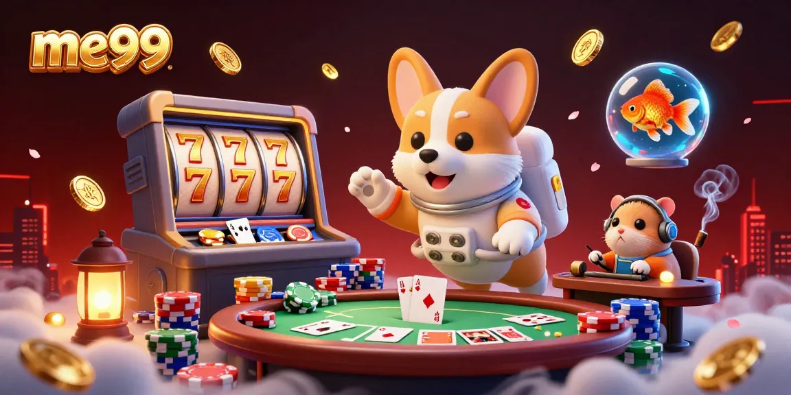 Experience thrilling gameplay at me99 with a vibrant zero-gravity casino scene featuring an astronaut corgi, poker elements, and floating treasures.