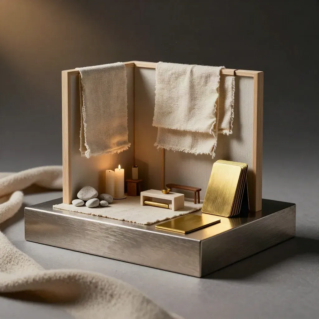 Miniature event design maquette with linen, stone, candle, and brass material samples.