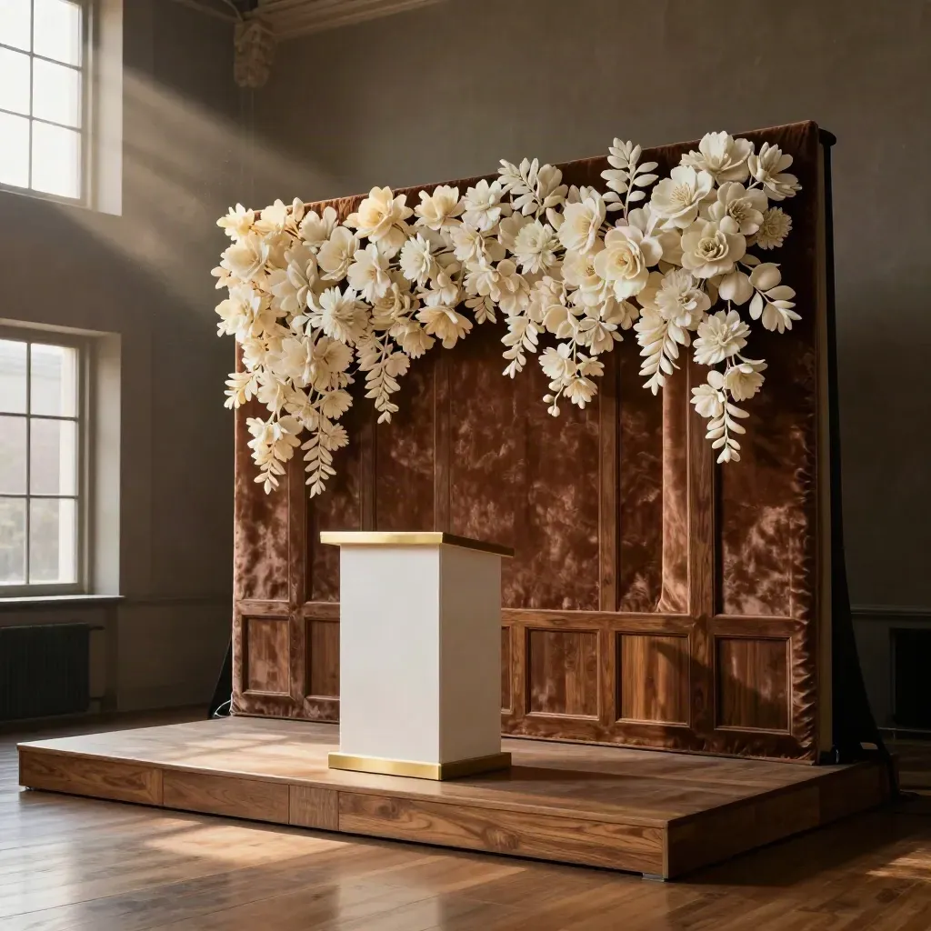 Velvet stage backdrop with ivory floral pods and a pearl-white podium front in warm event light