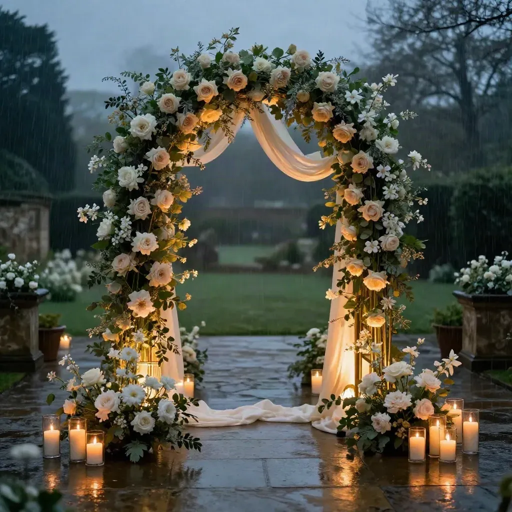 Rainy wedding entrance with floral arch, candles, and glowing uplights at dusk