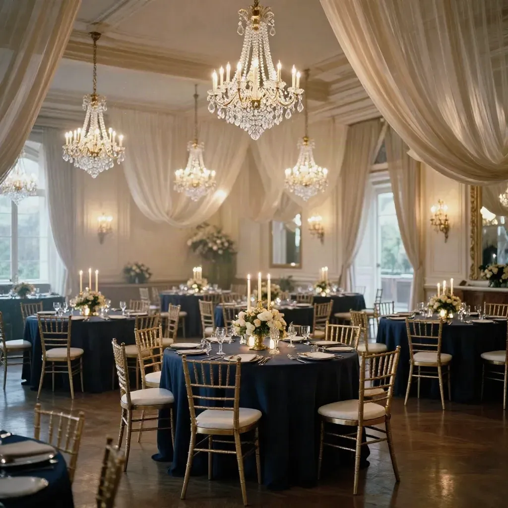 Empty grand ballroom reception glowing with navy linens, gold candles, chandeliers, and misty open doors.
