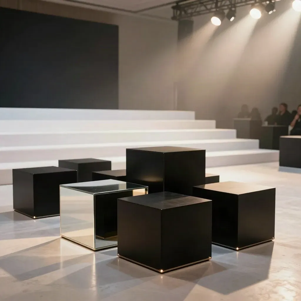 Polished launch room with mirrored plinths, black stage cubes, uplights, and soft haze beams.