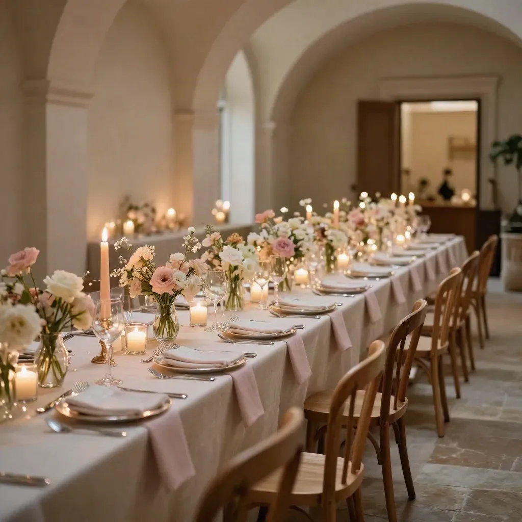 Elegant empty dining room set for a blush dinner party with candles, florals, and stemware
