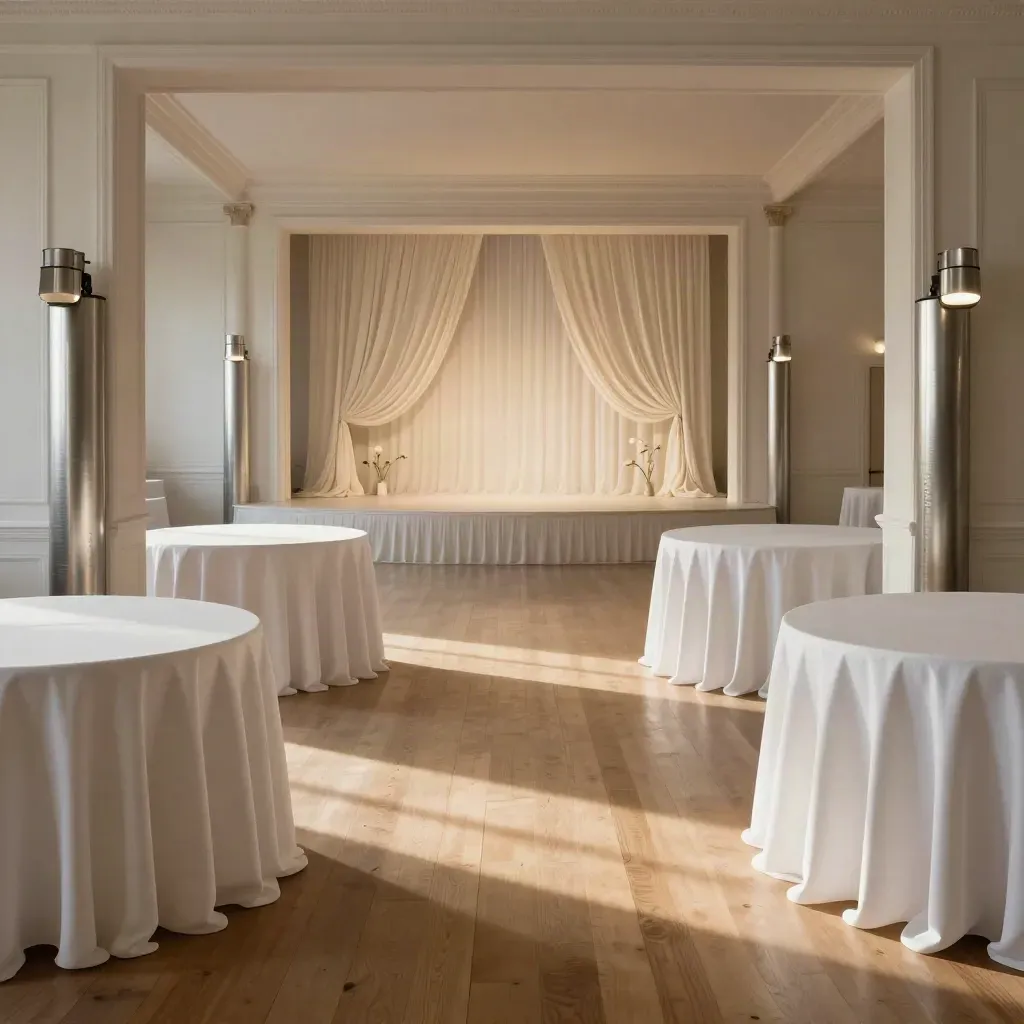 Empty ballroom reset with white linens, glowing uplights, and clear stage sightlines.