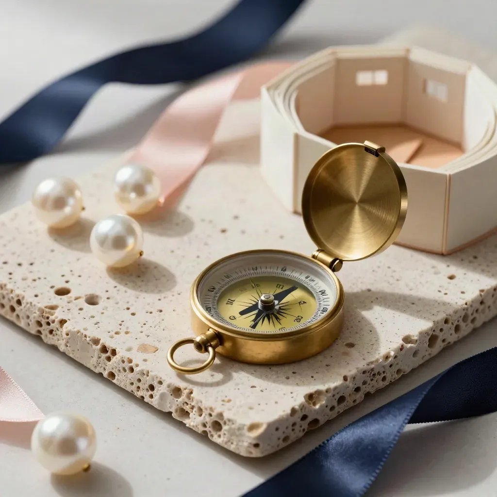 Macro of event planning materials: stone chips, brass compass, ribbon rolls and a venue model on travertine.