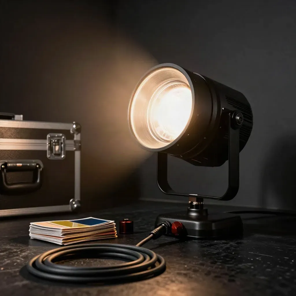 Uplight fixture with gel swatches, dimmer puck and coiled cable on a dark stage floor.