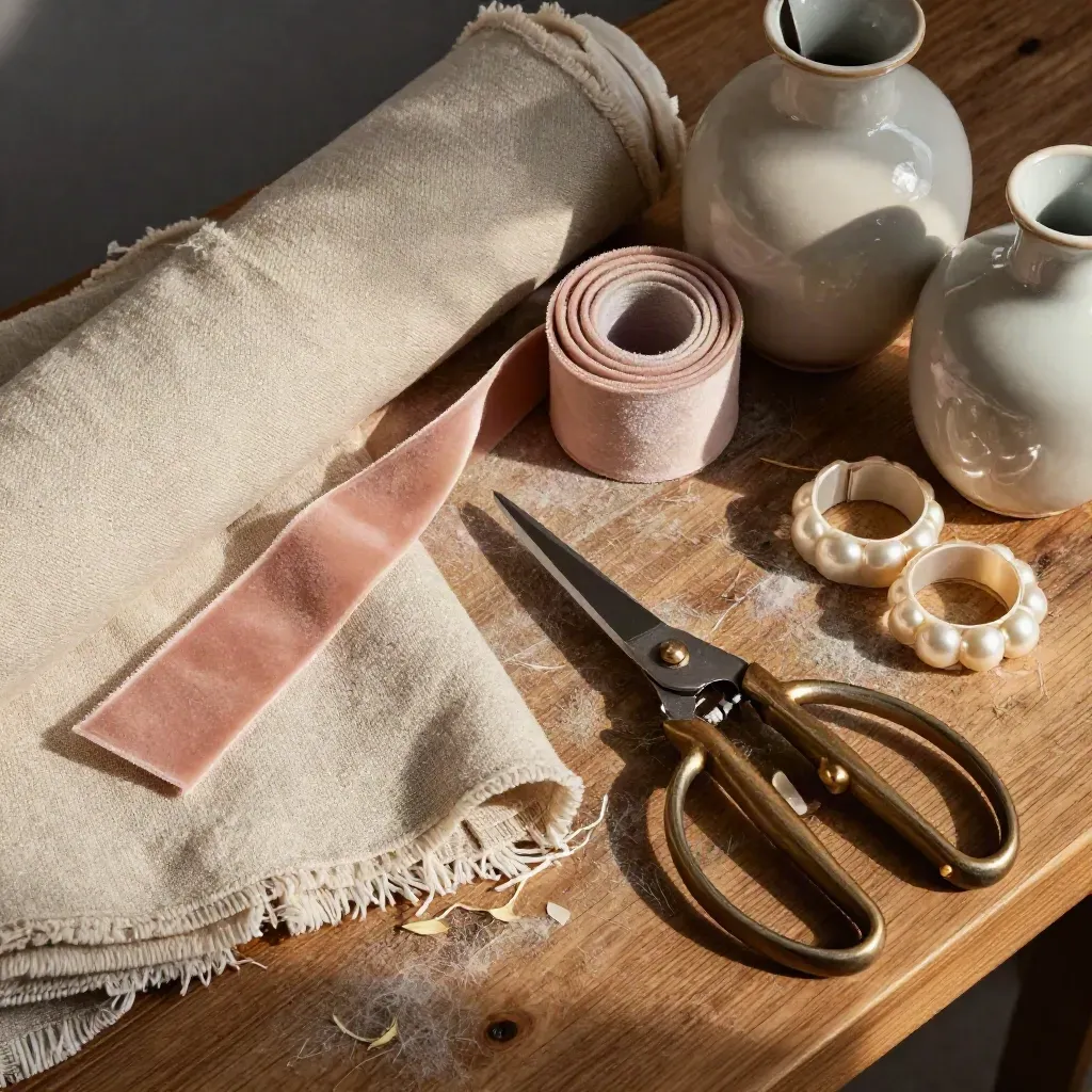 Overhead florist still life with linen bolts, shears, velvet ribbon, bud vases and pearl rings.