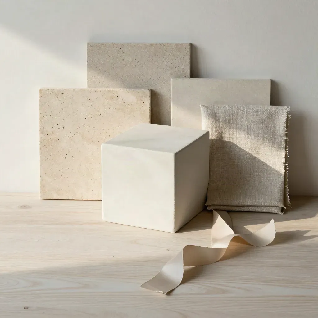 Top-down still life of stone swatches, linen samples, a shell ribbon, and a plaster room cube on pale wood.