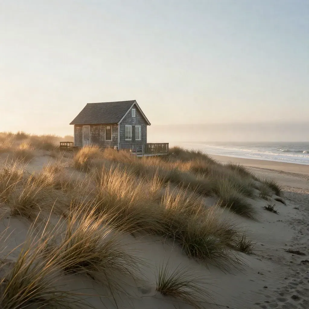 Sunrise over Long Island dunes with a shingle cottage, bending grass, sea mist, and pale surf.