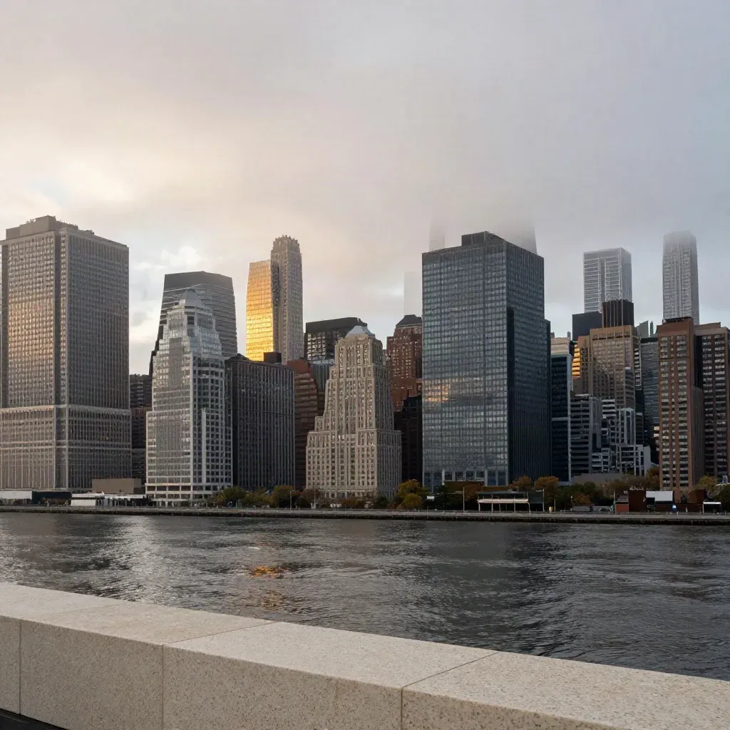 Manhattan skyline above a misty Hudson at sunrise from a rooftop