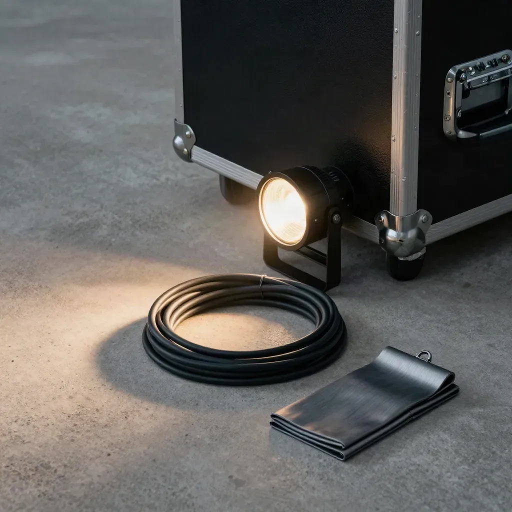 Venue kit arranged at the edge: cable, uplight, drape clip, and road case corner.