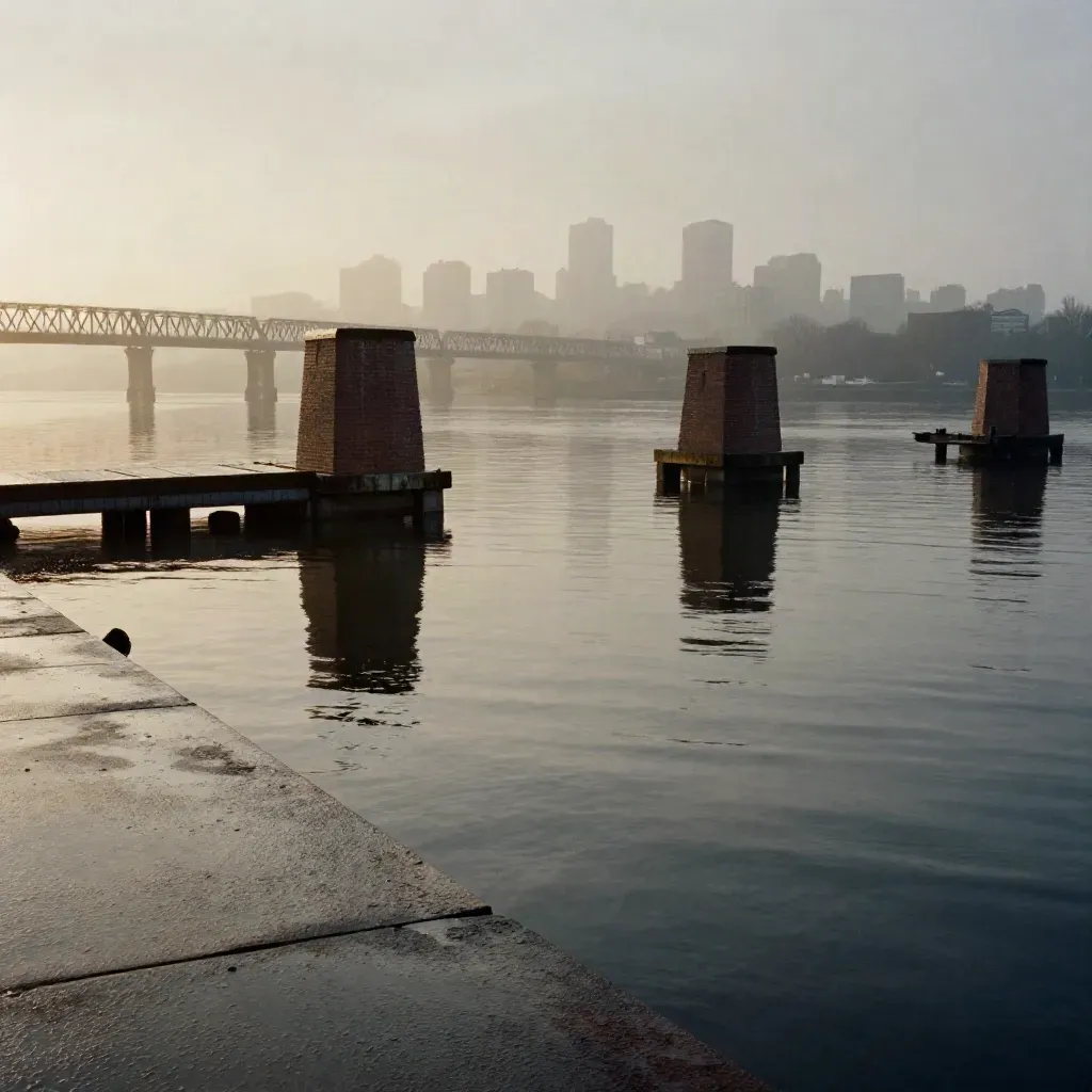 Rain-dark North Jersey riverfront with bridge lines and hazy skyline over calm reflective water.