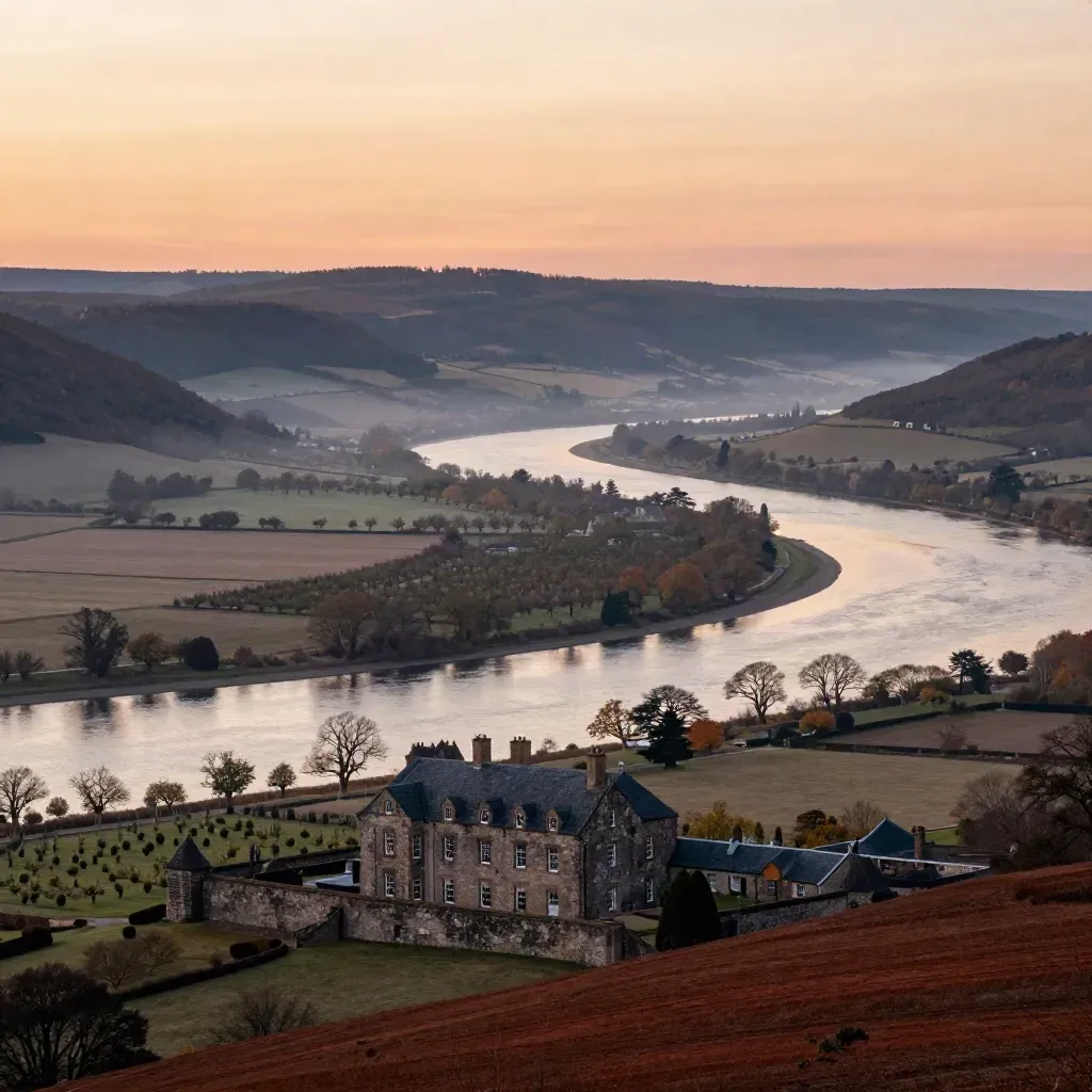 Hudson Valley river bends and hillside estate in golden mist at sunset