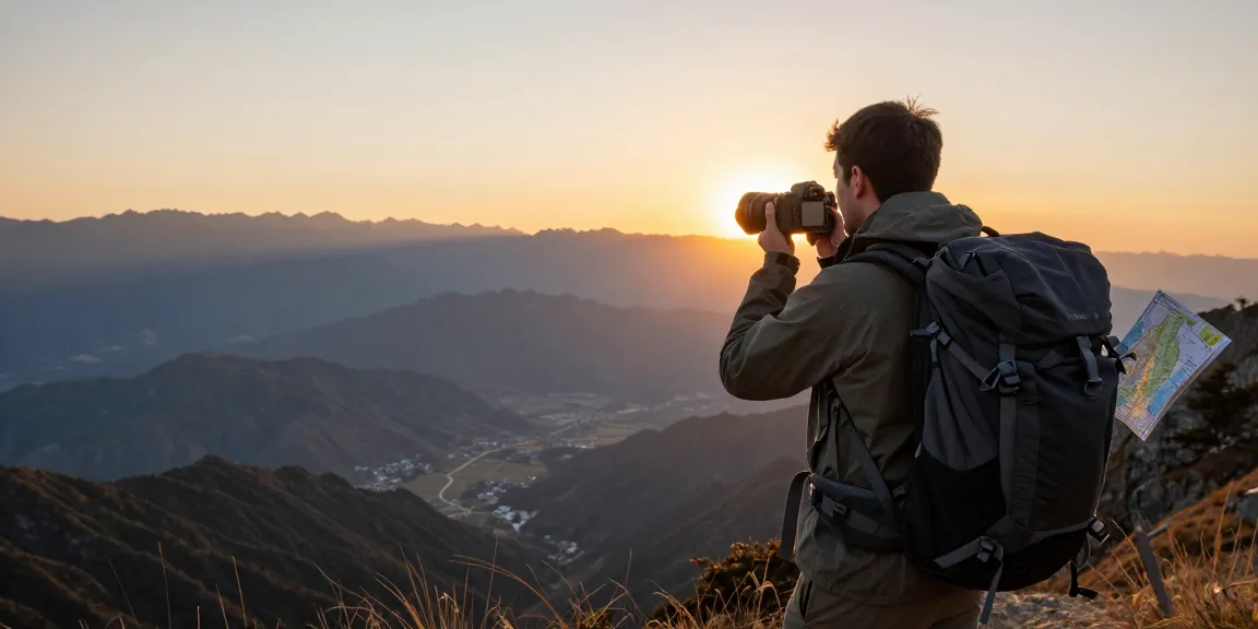 Traveler at a scenic sunset viewpoint, showcasing NAGA2000 adventure experiences with mountains in the background.