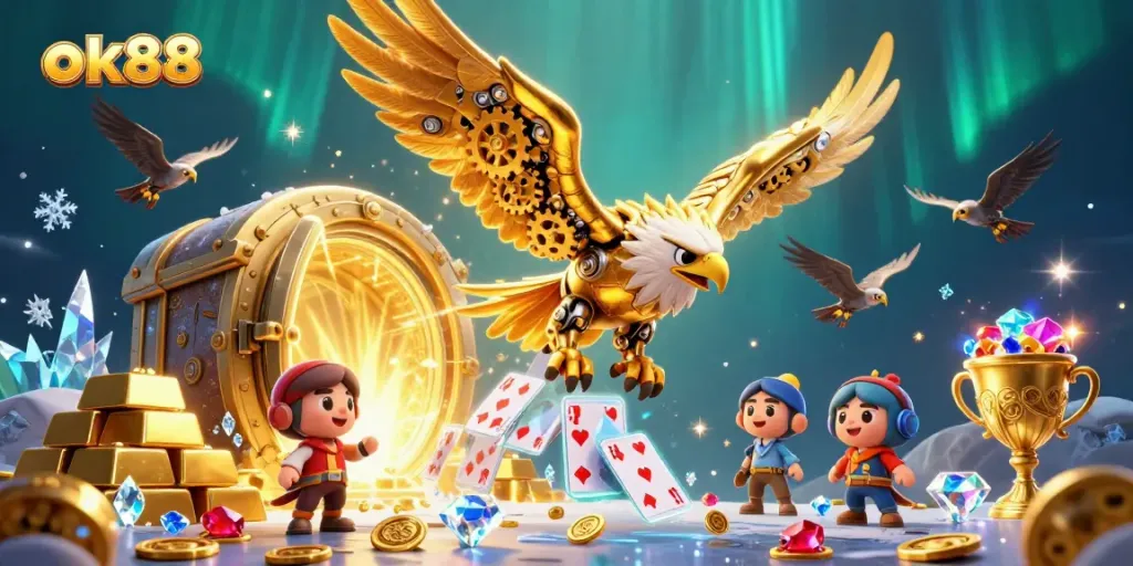 Engage with OK88's thrilling casino experience featuring holographic cards and a golden eagle.