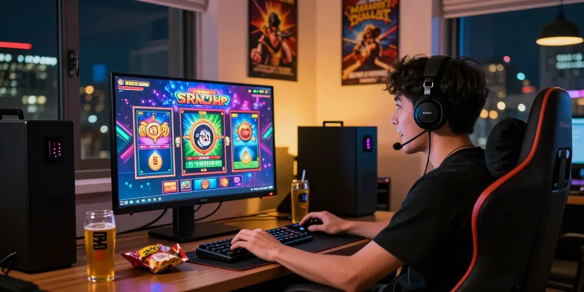 Engaged player enjoying vibrant slot resmi game in cozy gaming setup.