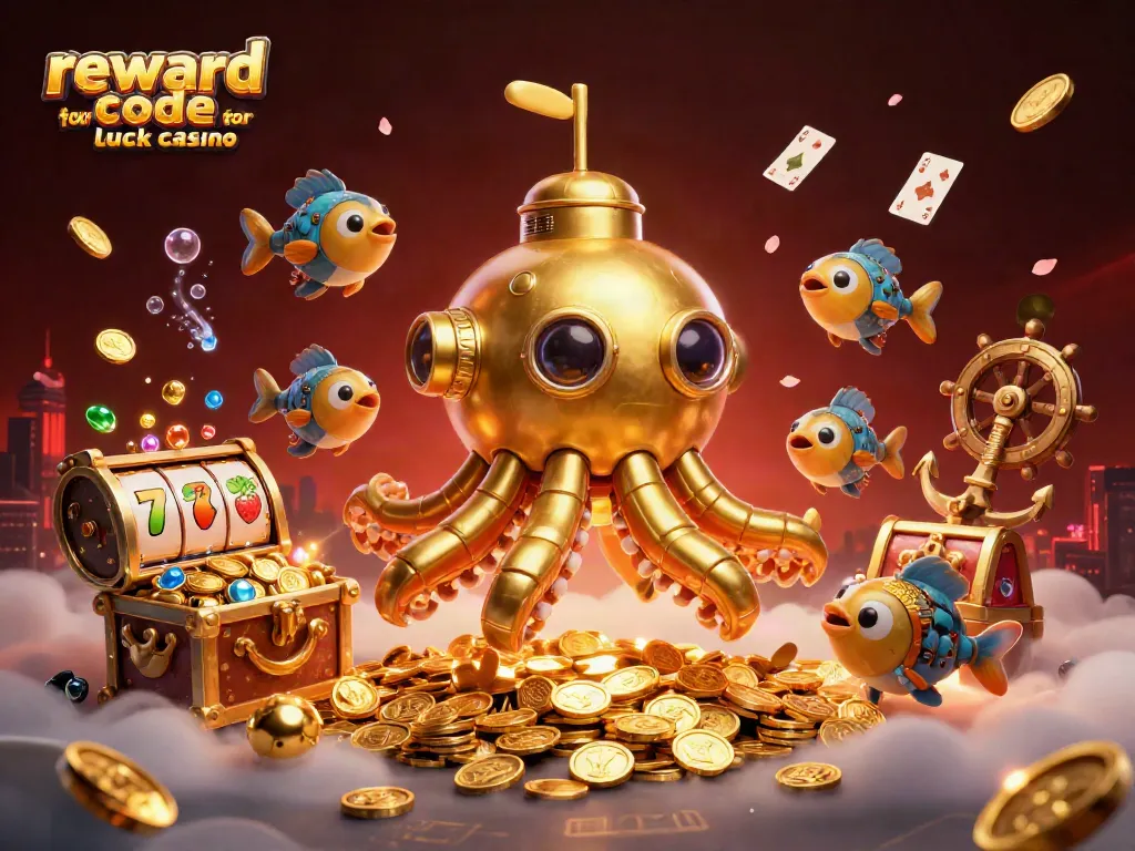 Engage with the reward code for lavish luck casino in a vibrant underwater scene full of gold coins and gaming elements.