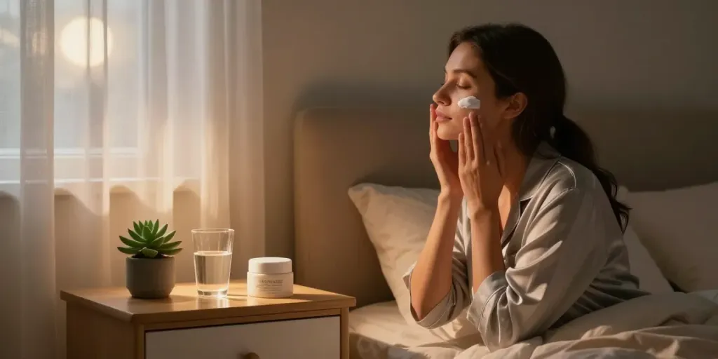 Applying Restore Barrier Night Crème with Zinc Oxide in a cozy nighttime setting for skincare.