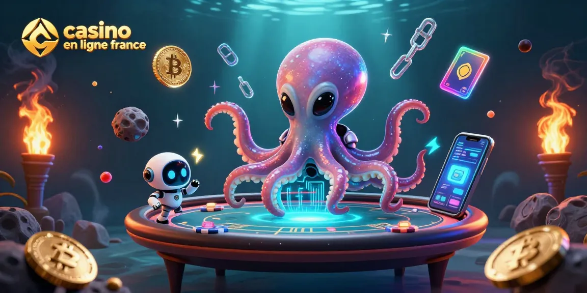 jouez au casino en ligne en France avec un pieuvre extraterrestre et un robot excitant entouré de jetons de poker