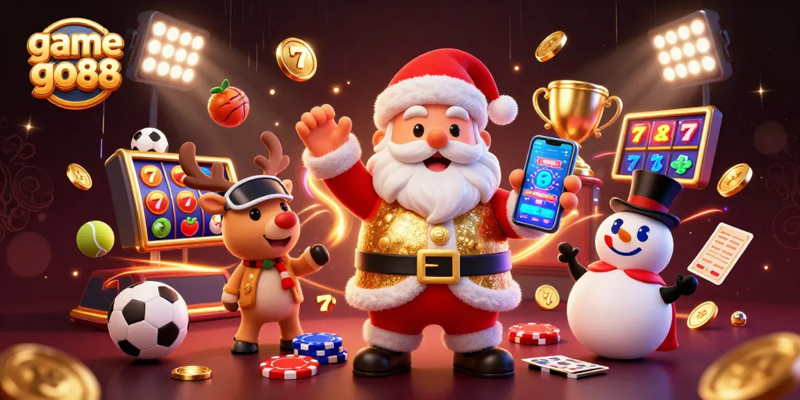Experience the thrill of game go88 with a festive casino scene including Santa, sports, and slot elements.