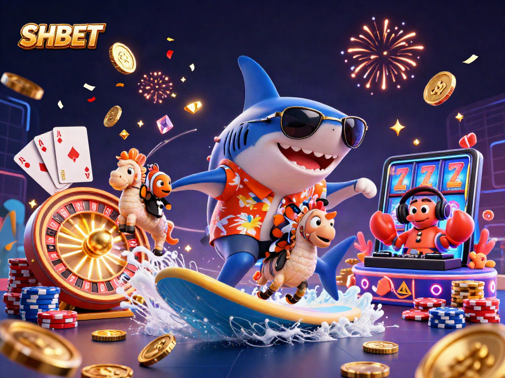 Experience thrilling SHBET casino excitement with cartoon characters amidst gold coins and vibrant gaming elements.