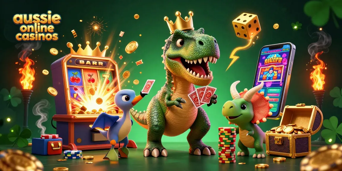 Aussie online casinos scene with cartoon characters enjoying games and jackpots, showcasing fun and excitement.