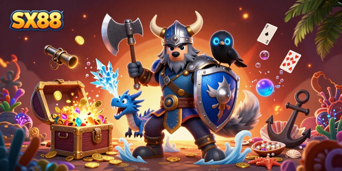SX88 Viking wolf warrior engaged in a winning casino adventure amidst treasures and magical creatures.