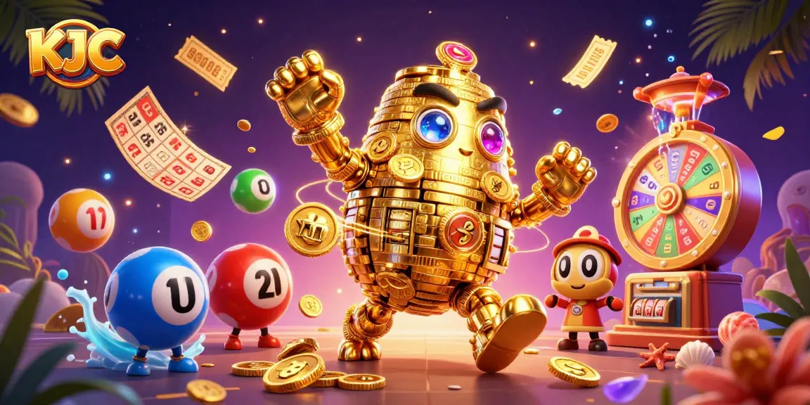 KJC's exciting gambling scene showcases a golden golem and colorful lottery elements dynamically interacting.