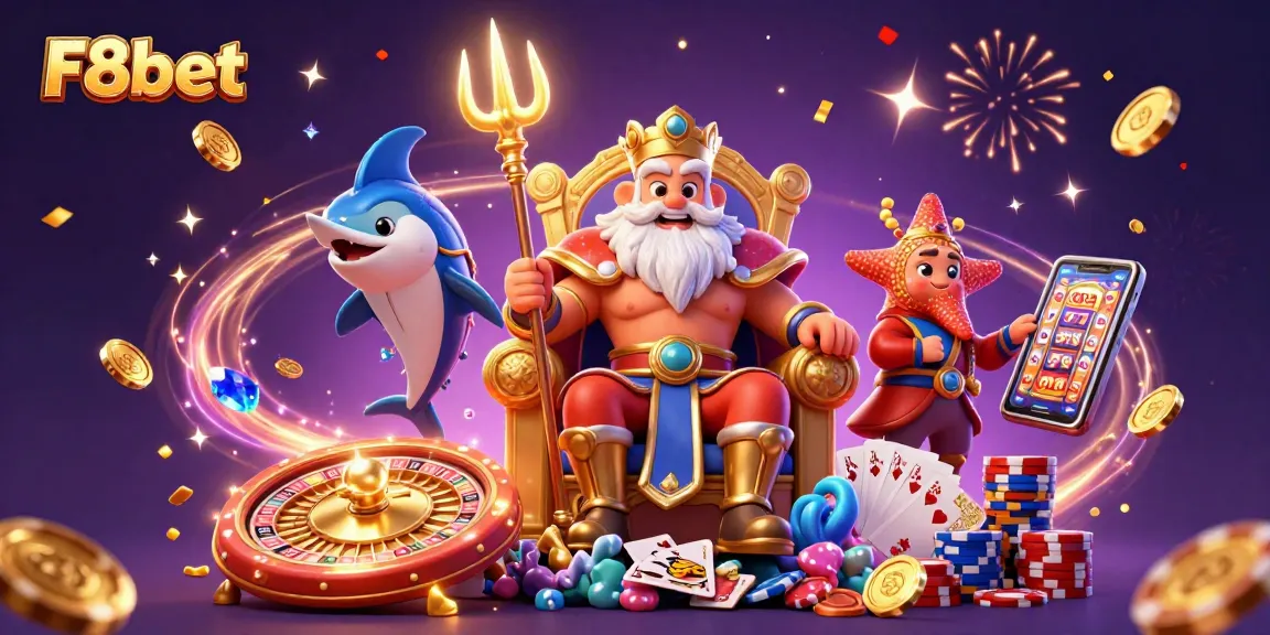 Engage in thrilling gaming with F8bet, featuring Neptune and vibrant casino elements.