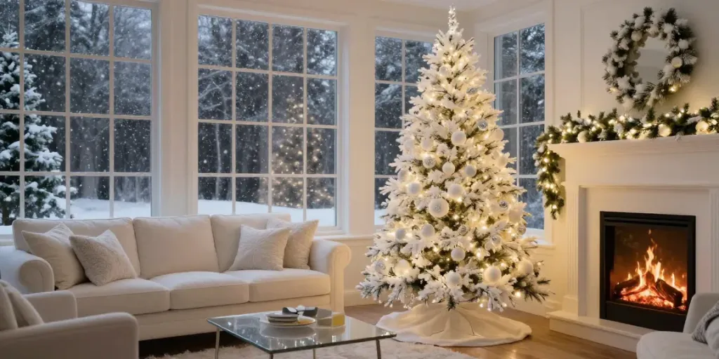 Stunning artificial white xmas trees enhance festive living room decor with glowing lights.
