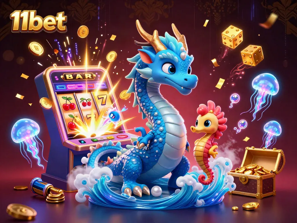 Engage with 11bet’s vibrant casino universe featuring a dynamic 3D dragon and slot machine.