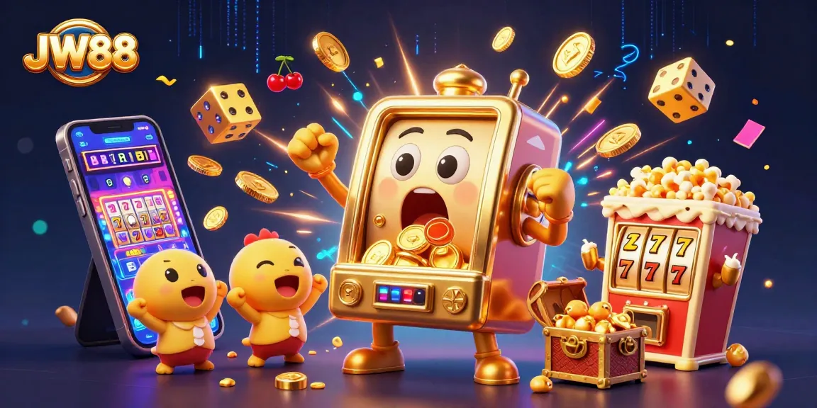 Experience the excitement of JW88 with jackpots pouring from vivid slot machines in a vibrant illustration.
