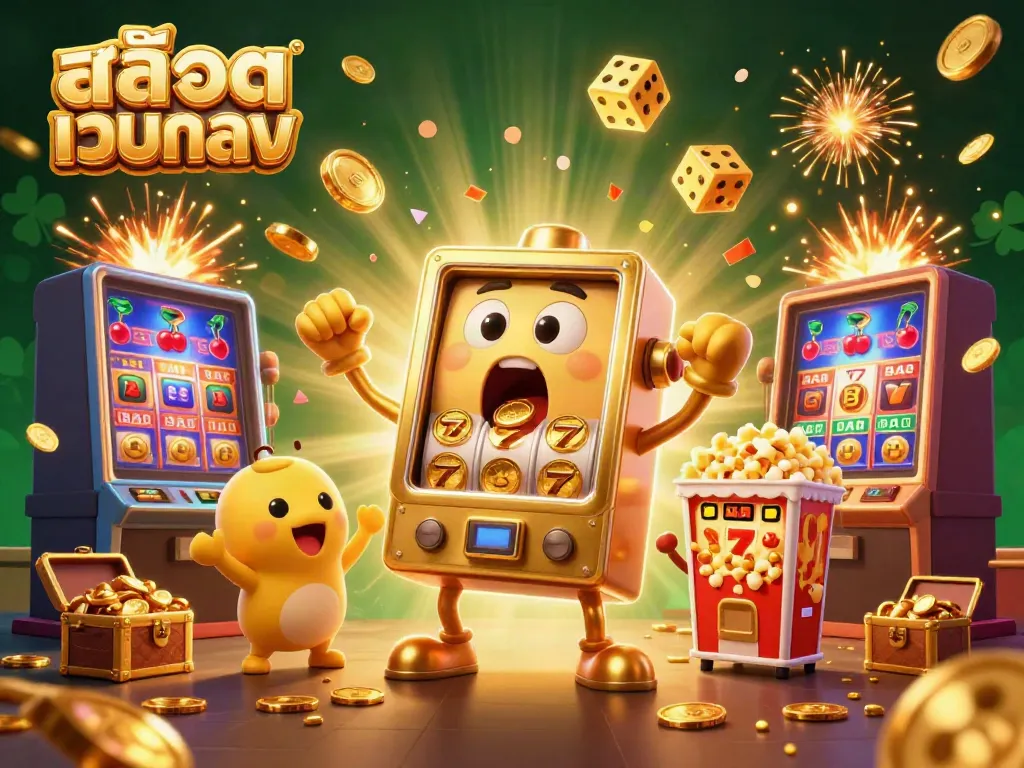 Exciting scene of สล็อตเว็บตรง with golden slot machine celebrating jackpot alongside cheering baby machines.